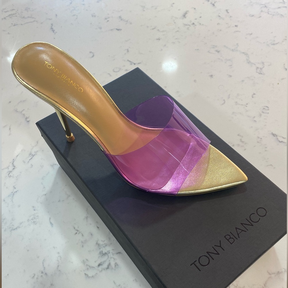 Tony Bianco Mylo Purple Vinylite/Gold Heels. Size 9.5. New in Box.